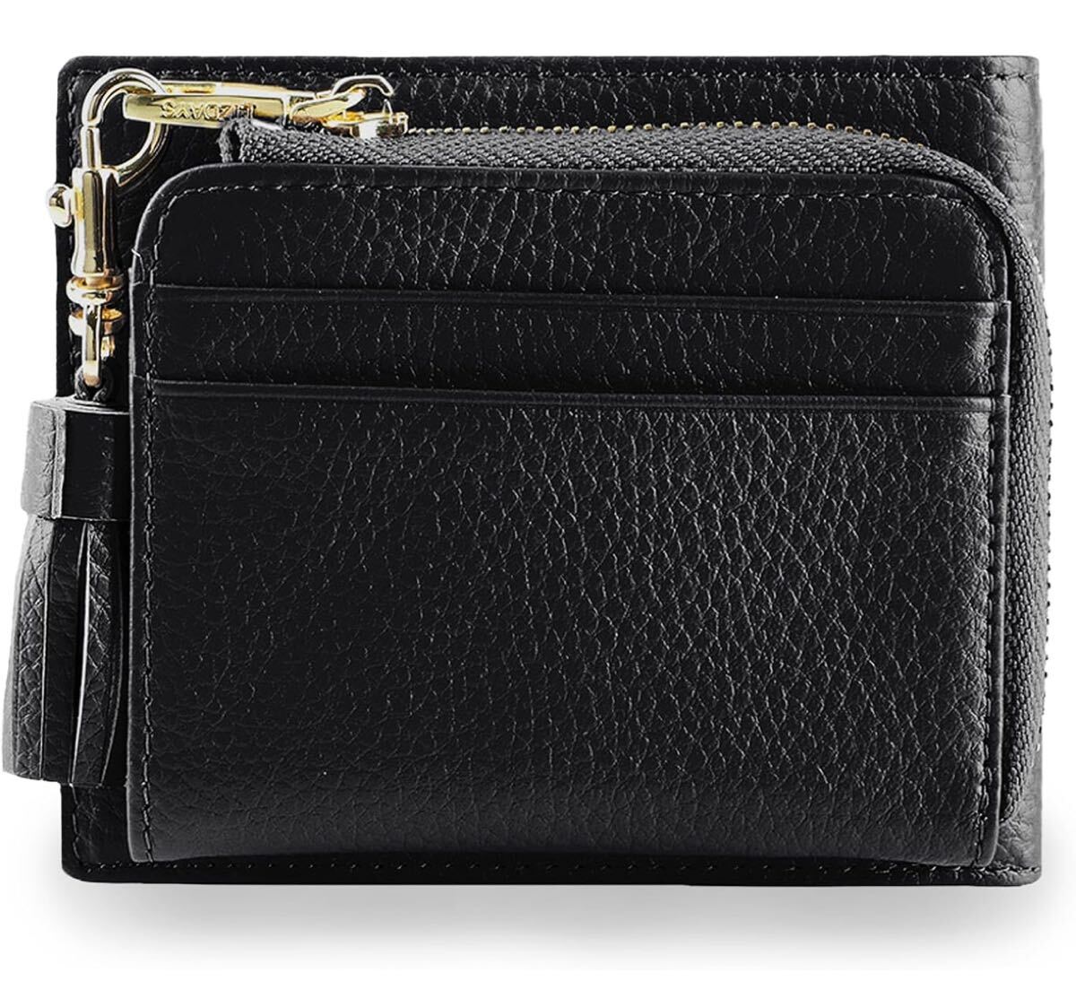 ①　2つ折り財布 レディース 本革 ミニ財布, コンパクト,カード収納10枚, ブラック_画像1