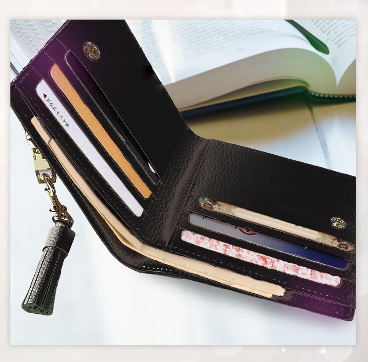 ①　2つ折り財布 レディース 本革 ミニ財布, コンパクト,カード収納10枚, ブラック_画像8