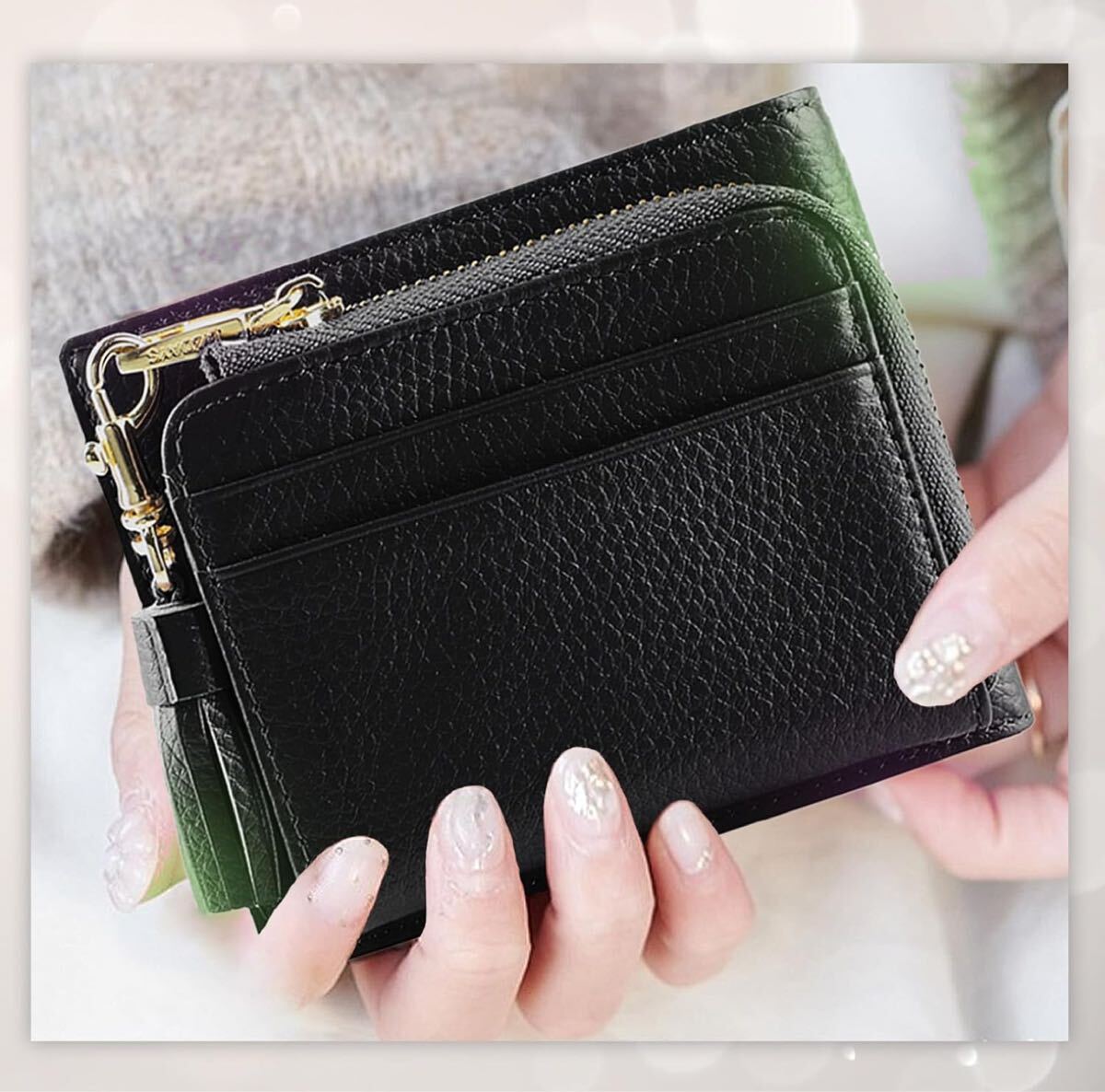 ①　2つ折り財布 レディース 本革 ミニ財布, コンパクト,カード収納10枚, ブラック_画像2