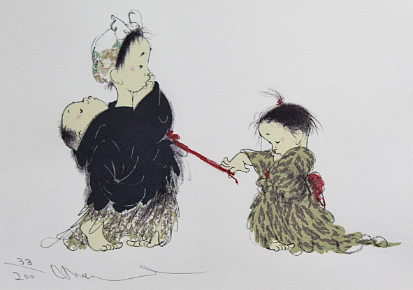 【真作】木版画 中島潔 「姉妹」 直筆サイン入り □中島潔 【姉妹】 リトグラフ 直筆サイン エディション有り(石