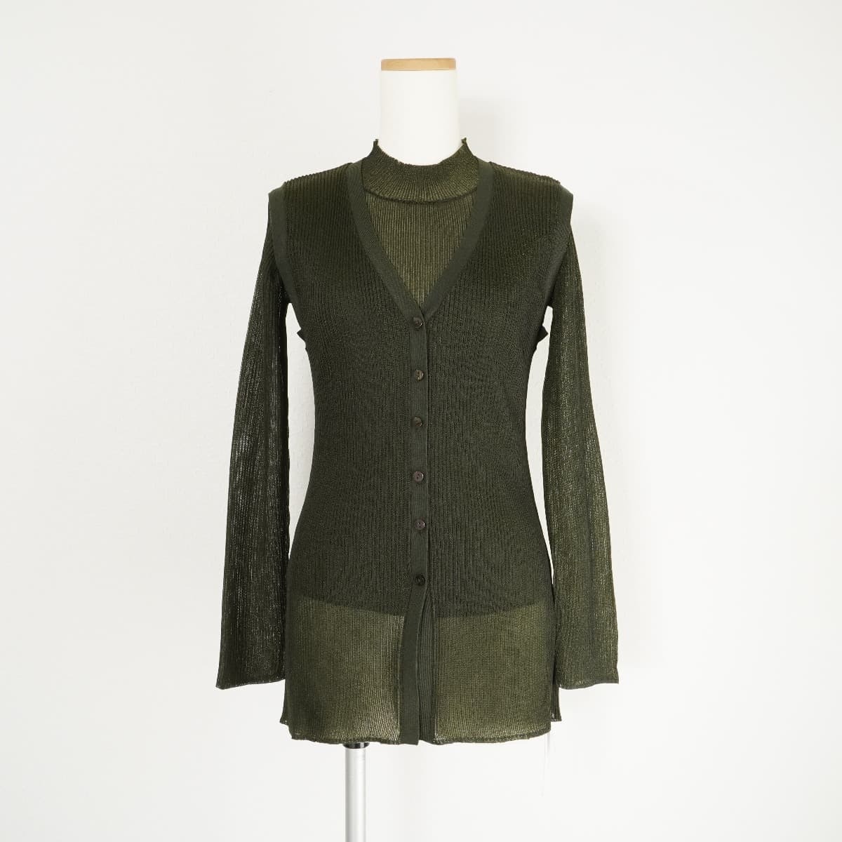 未使用 21AW Ameri アメリ VEST LAYERED RIB KNIT ベストレイヤードリブニット 長袖 透け感 セットアップ カーキ_画像1