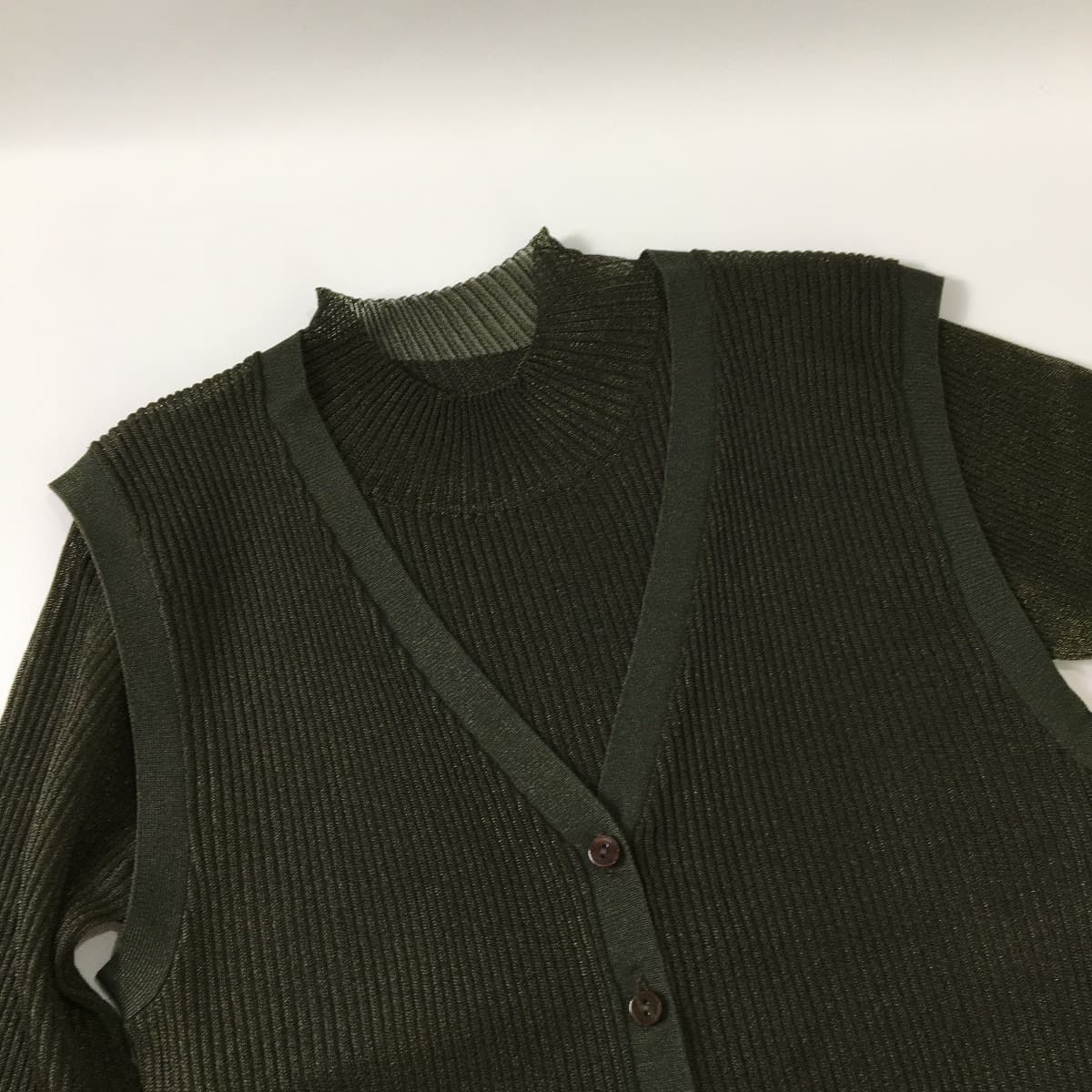 未使用 21AW Ameri アメリ VEST LAYERED RIB KNIT ベストレイヤードリブニット 長袖 透け感 セットアップ カーキ_画像6