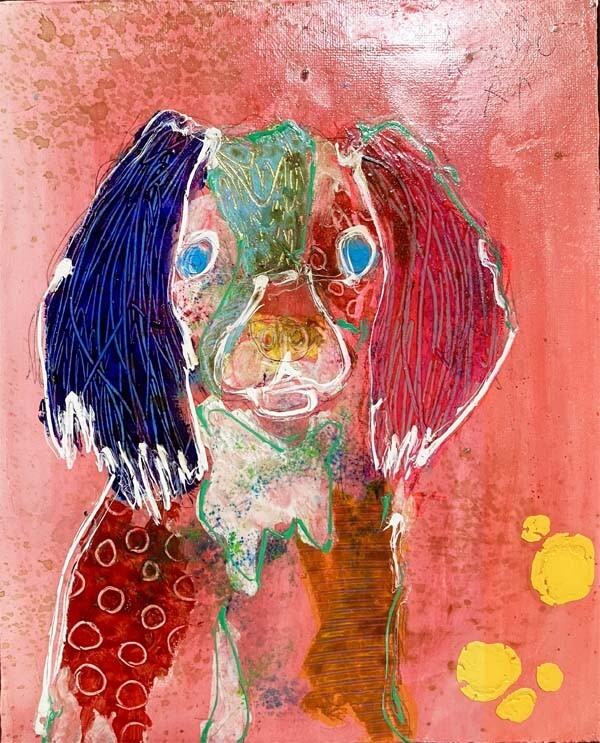 北村直登●真作●きたむら なおと●ミクストメディア 希少原画 キャンバスの作品■キャバリア 犬■独学から各種美術展入賞 現代アート 美品_画像2