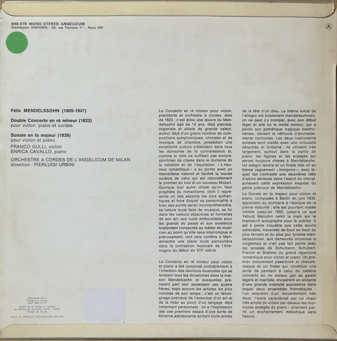 F.グッリ(vn), E.カヴァッロ(pf)/ メンデルスゾーン: ヴァイオリン, ピアノと弦楽のための協奏曲 ニ短調 他 伊 ANGELICUM 948 978 STEREO_画像2
