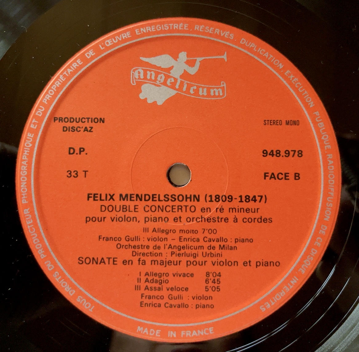 F.グッリ(vn), E.カヴァッロ(pf)/ メンデルスゾーン: ヴァイオリン, ピアノと弦楽のための協奏曲 ニ短調 他 伊 ANGELICUM 948 978 STEREO_画像4