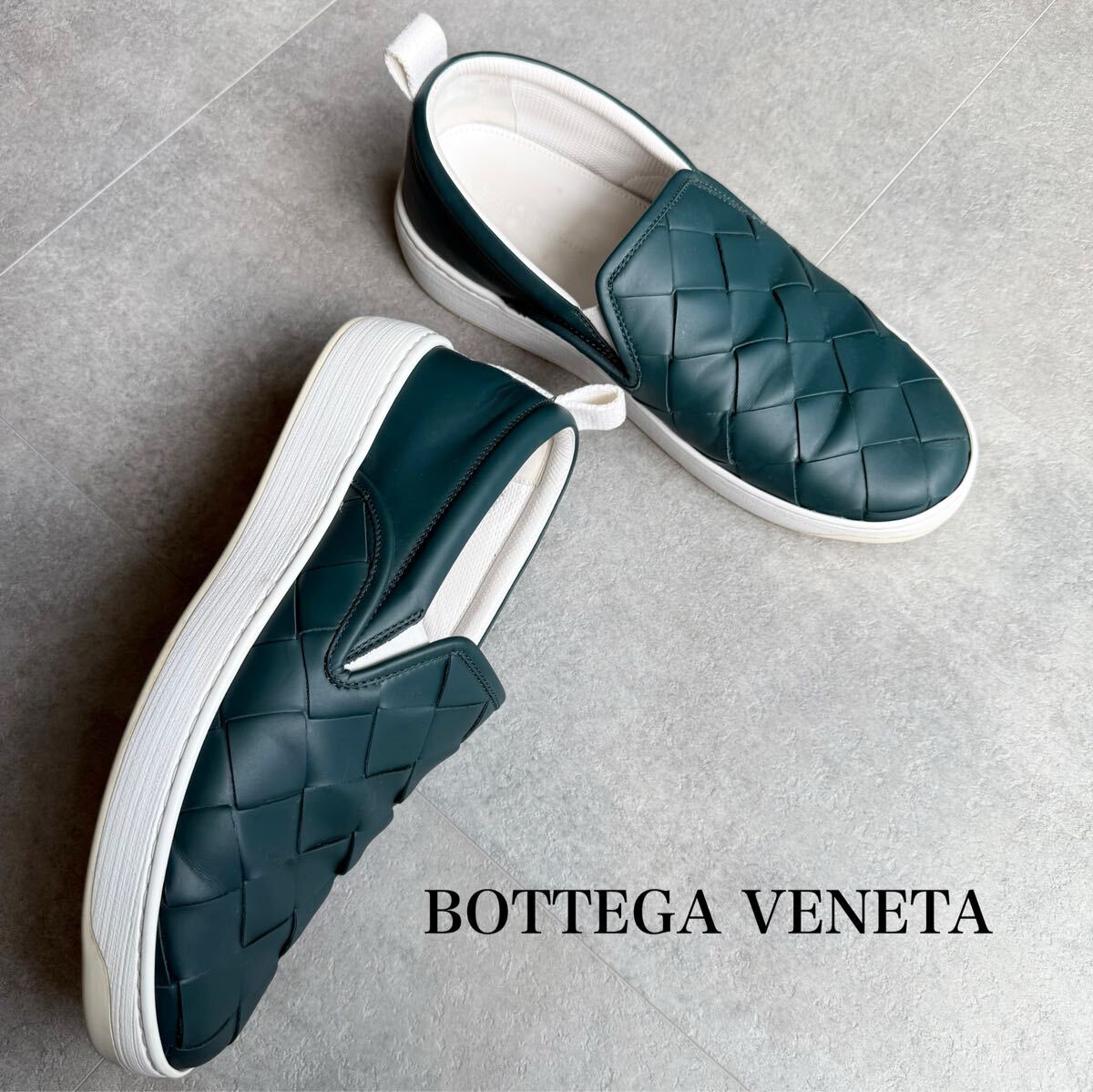 美品 BOTTEGA VENETA ボッテガヴェネタ マキシイントレチャート スニーカー スリッポン レザー メンズ 44 29cm グリーン ブランド靴