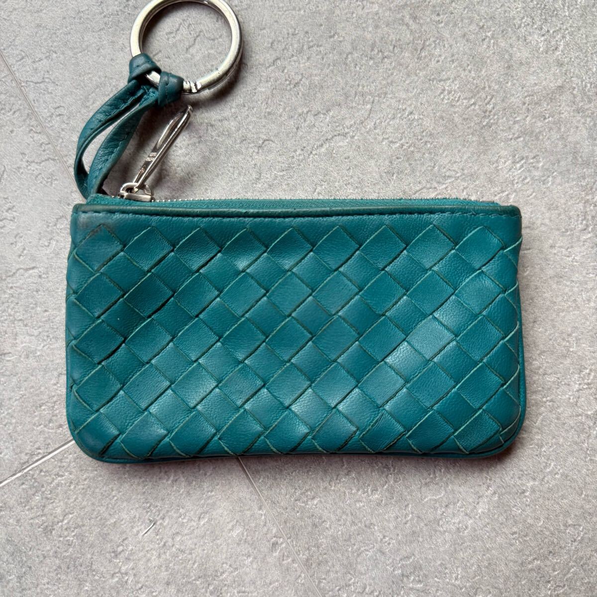 １円■美品 BOTTEGA VENETA ボッテガヴェネタ イントレチャート コインケース 財布 キーリング付きブルー ラムレザー コンパクトウォレット