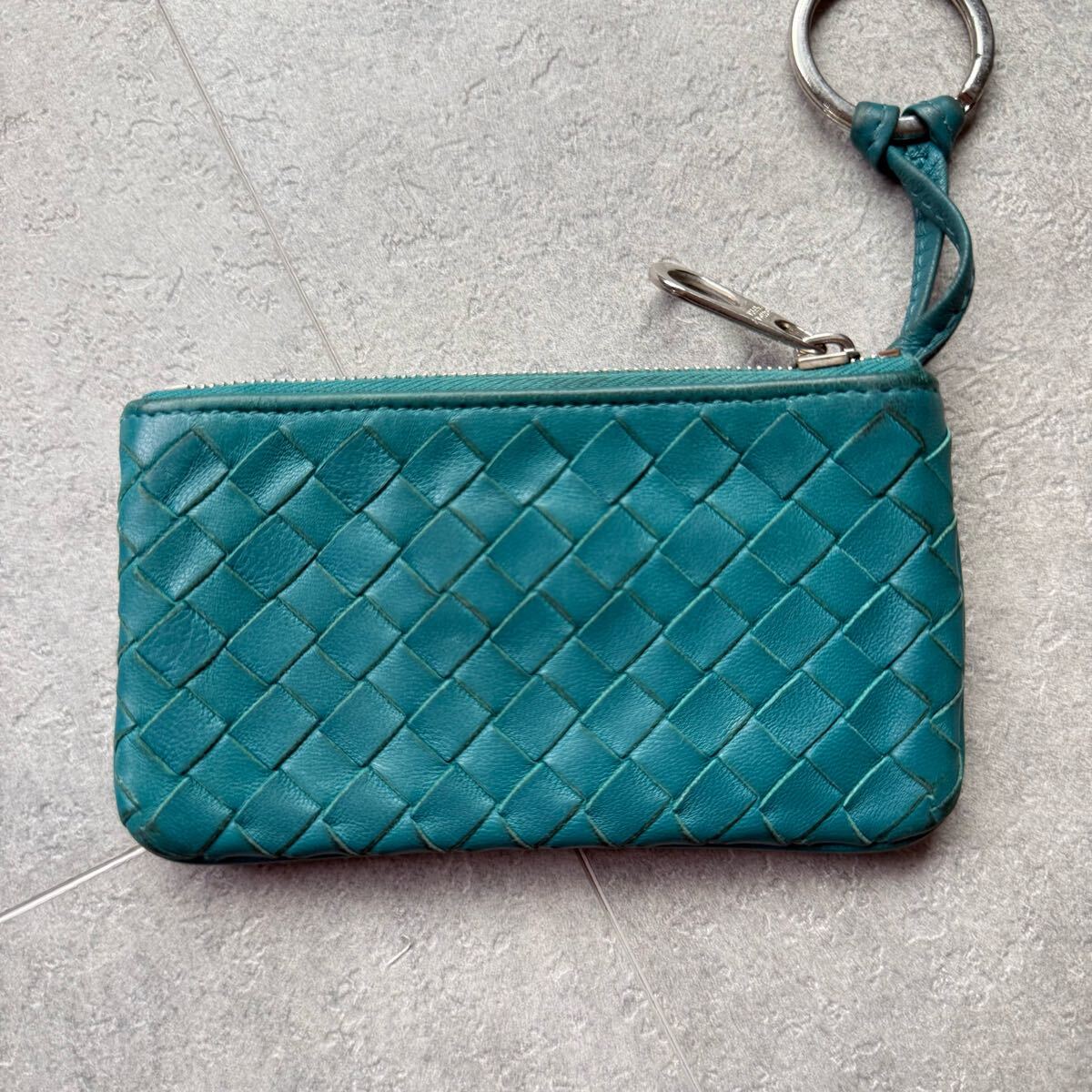 １円■美品 BOTTEGA VENETA ボッテガヴェネタ イントレチャート コインケース 財布 キーリング付きブルー ラムレザー コンパクトウォレット