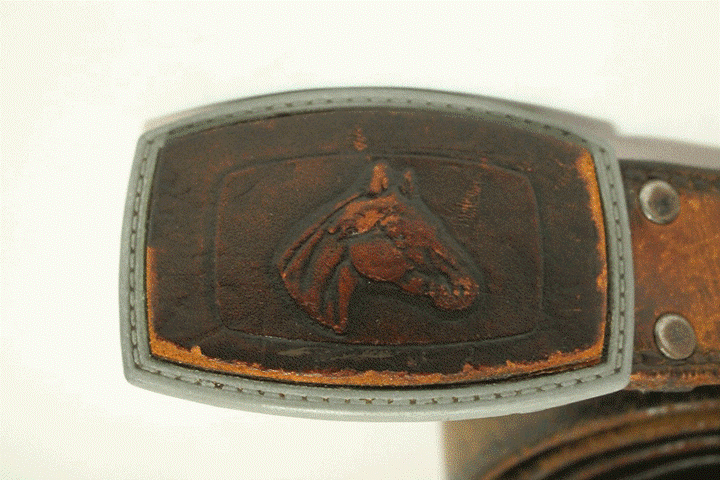 Unknown バックル レザー ベルト 馬 茶 ブラウン メンズ アンティーク ビンテージ ヴィンテージ USA 古着 オールド AC67_画像2