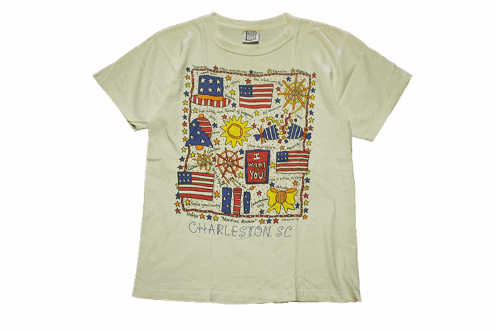 【M】 94's MIS TEE V-US Tシャツ USA製 グッド プリント 白 星条旗 CHARLESTON SC ビンテージ ヴィンテージ USA 古着 オールド IB1321_画像1