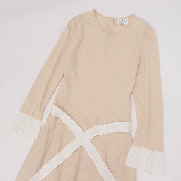 【FA348】美品◆LANVIN en Bleu ランバン オン ブルー リボンベルト付 ニット フレア ワンピース ピンクベージュ×ホワイト 38_画像3