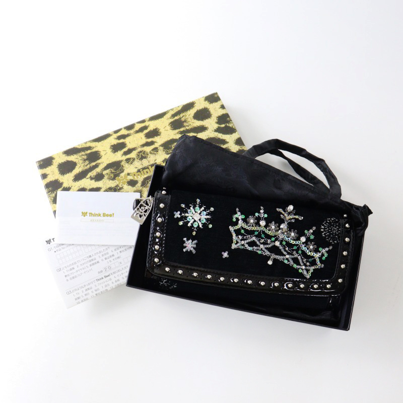 極美品 シンクビー Think Bee！パイル スパンコール ロング ウォレット /ブラック 財布 クラウン エナメル ジップ【2400014502718】