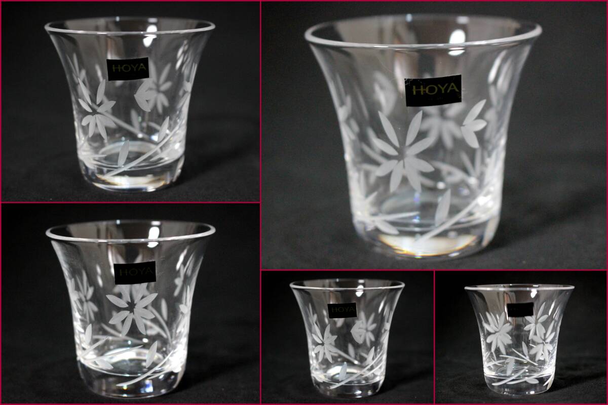 【HOYA CRYSTAL/ホヤクリスタル】『酒器揃(クーラーホルダー付き徳利ｘ1、杯ｘ5)』《未使用》日本製/高級グラス/花柄カット/第2弾/BVT4349_画像4