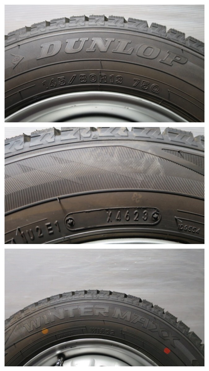 ◆ほぼ未走行?軽用スタッドレス 145/80R13◆2023年 DUNLOP WINTERMAXX WM02◆13×4J 4穴 PCD100 ハブ68mm ◆B 98_画像6