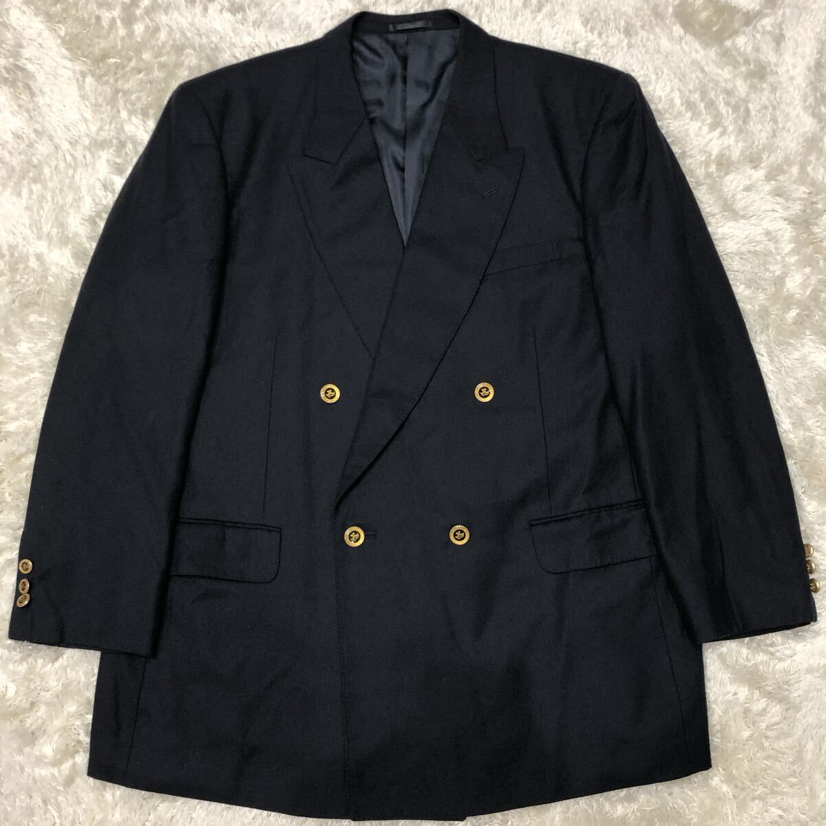 超希少2XL バーバリー 紺ブレ ダブル 金ボタン カシミヤ 大きいサイズ 超希少2XL!【圧倒的高級感】ダブル テーラードジャケット 紺