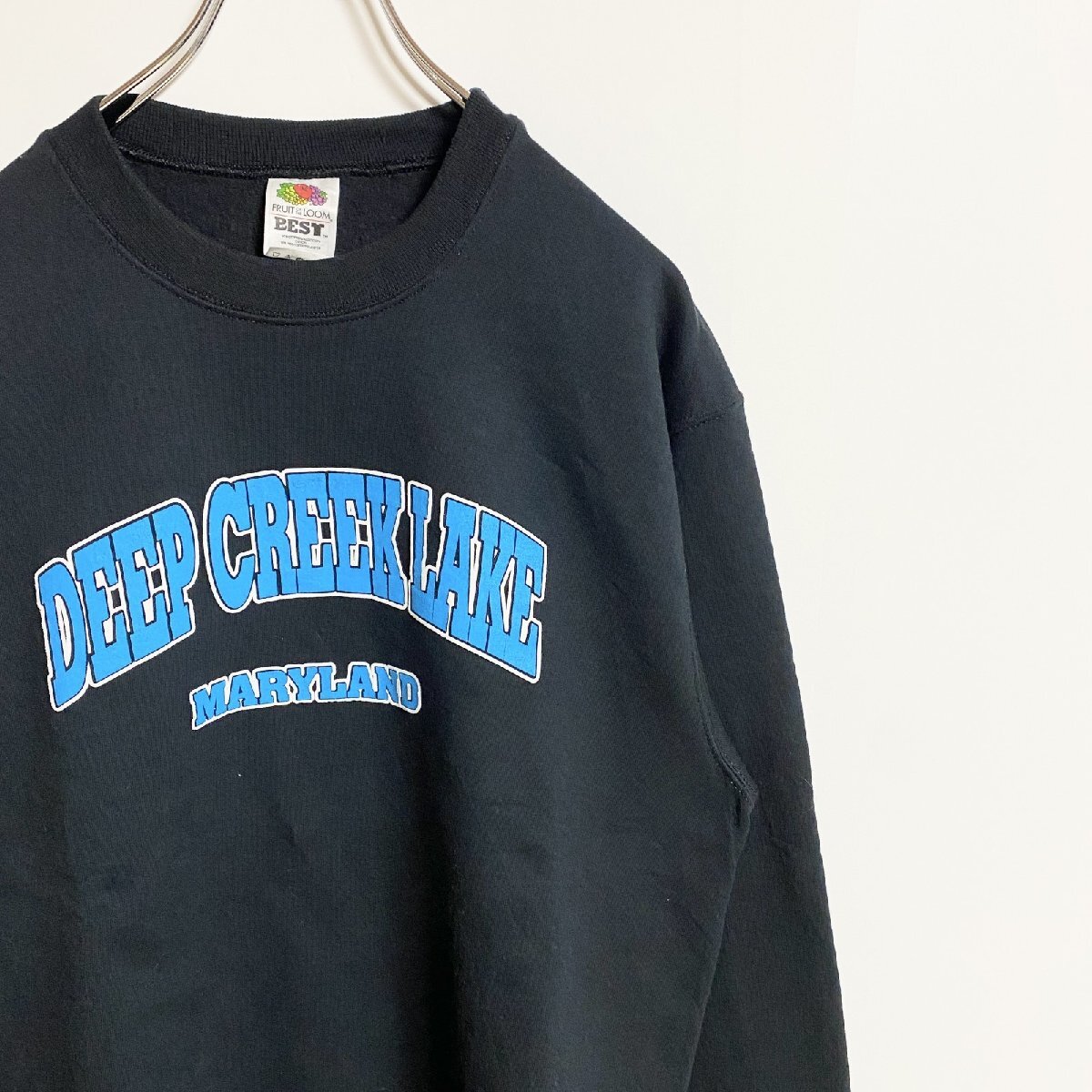古着 used　フルーツオブザルーム　DEEP CREEK LAKE　長袖カレッジ風プリントスウェット　黒　ブラック　Mサイズ_画像3