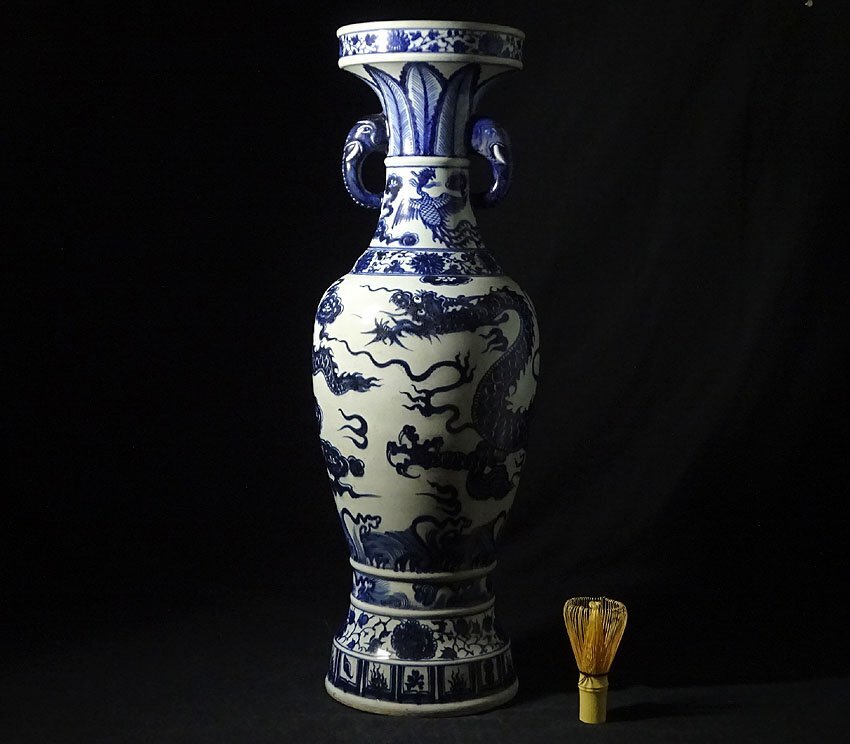 中国古玩 青花 染付 双耳 花瓶 壺 大明成化年製 唐物 時代物 緑屋h□ 中国古玩 元染付 双象耳 大花瓶 壺 高約62.5cm 唐物