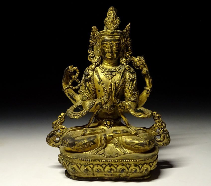 仏教美術 古銅鍍金 観音菩薩像 仏像 置物 重さ約2.8㎏ C 6584 緑屋c□ 中国古玩 古銅 鍍金 チベット仏 四臂観音菩薩像 仏像 唐