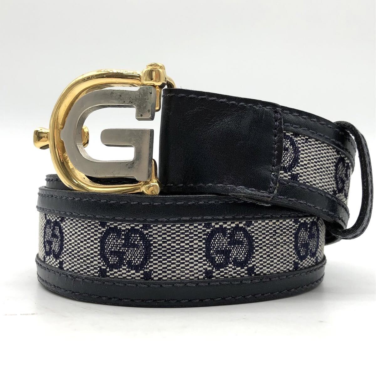 ✨希少✨グッチ ベルト GG柄 ゴールド金具 ロゴ刻印 キャンバス レザー 4109-1【極希少・美品】GUCCI グッチ ベルト GG柄 総柄 G金具