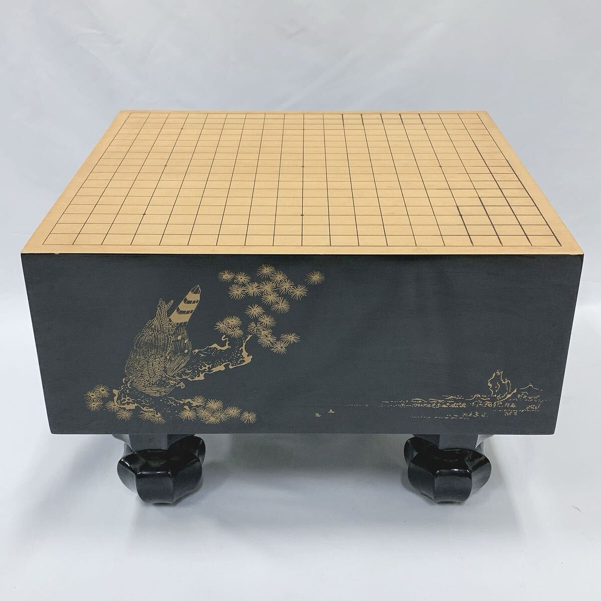 黒漆塗 鷹松金蒔絵 碁盤セット 囲碁 碁石一式 白蛤 那智黒 へそ