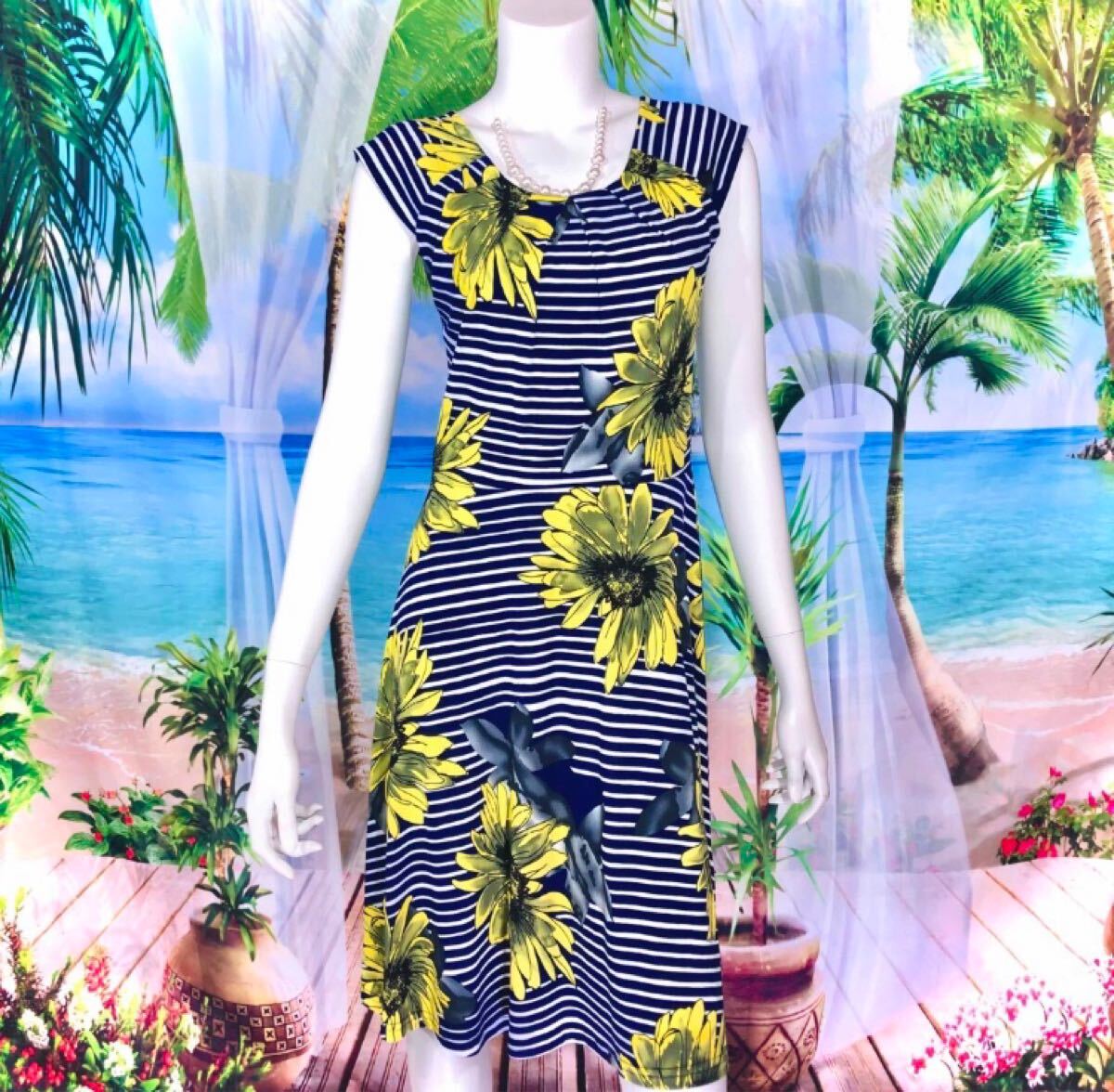 新品　Fas Fas Paris ヒマワリネイビーボーダーワンピース　XS-S_画像1