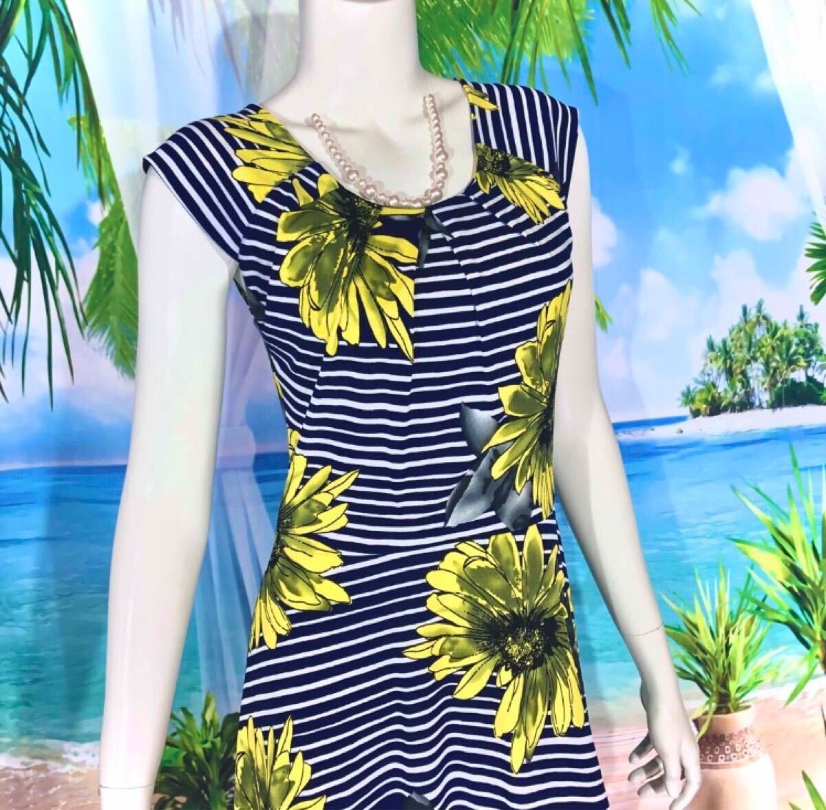 新品　Fas Fas Paris ヒマワリネイビーボーダーワンピース　XS-S_画像5
