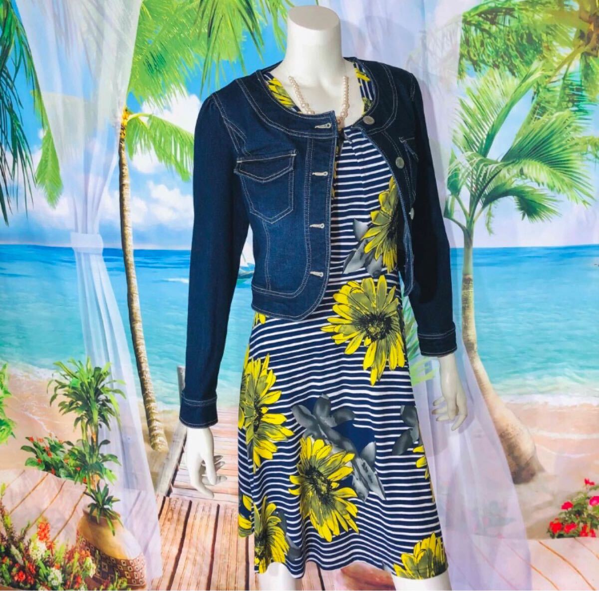 新品　Fas Fas Paris ヒマワリネイビーボーダーワンピース　XS-S_画像8