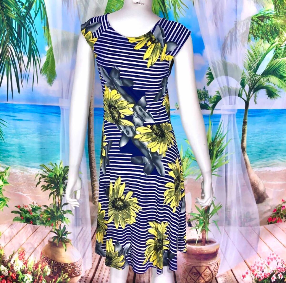 新品　Fas Fas Paris ヒマワリネイビーボーダーワンピース　XS-S_画像3