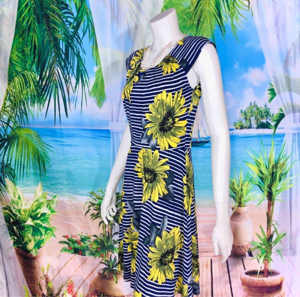 新品　Fas Fas Paris ヒマワリネイビーボーダーワンピース　XS-S_画像4