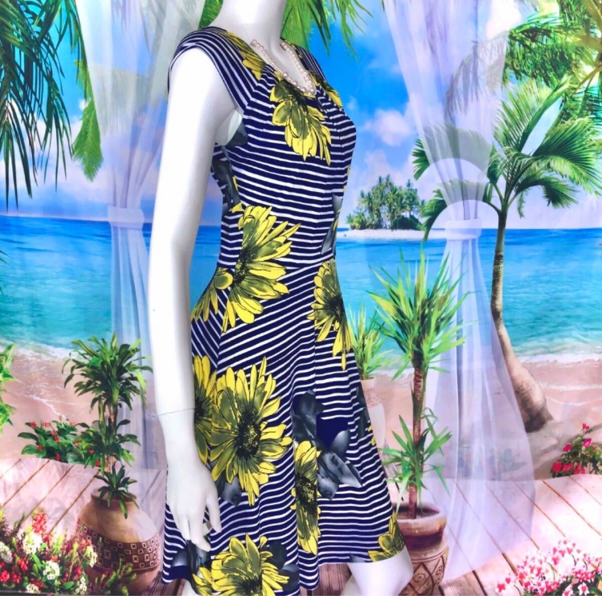 新品　Fas Fas Paris ヒマワリネイビーボーダーワンピース　XS-S_画像2