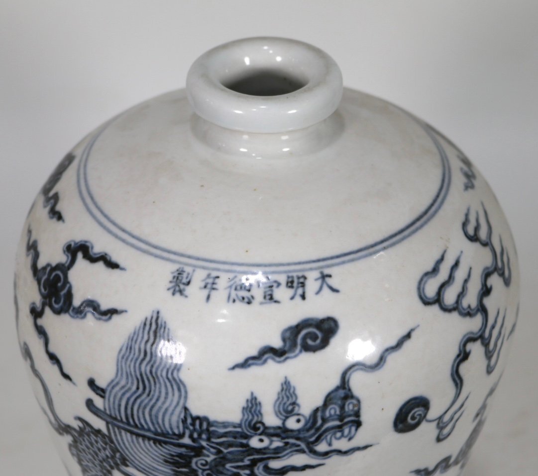 中国骨董 明宣徳時代 大明宣徳年製銘 青花浮彫白龍海水紋梅瓶 古染付(N-4) 安】明時代 大明宣徳年製 青花雲龍紋梅瓶 唐瓷 染付 古陶瓷 古
