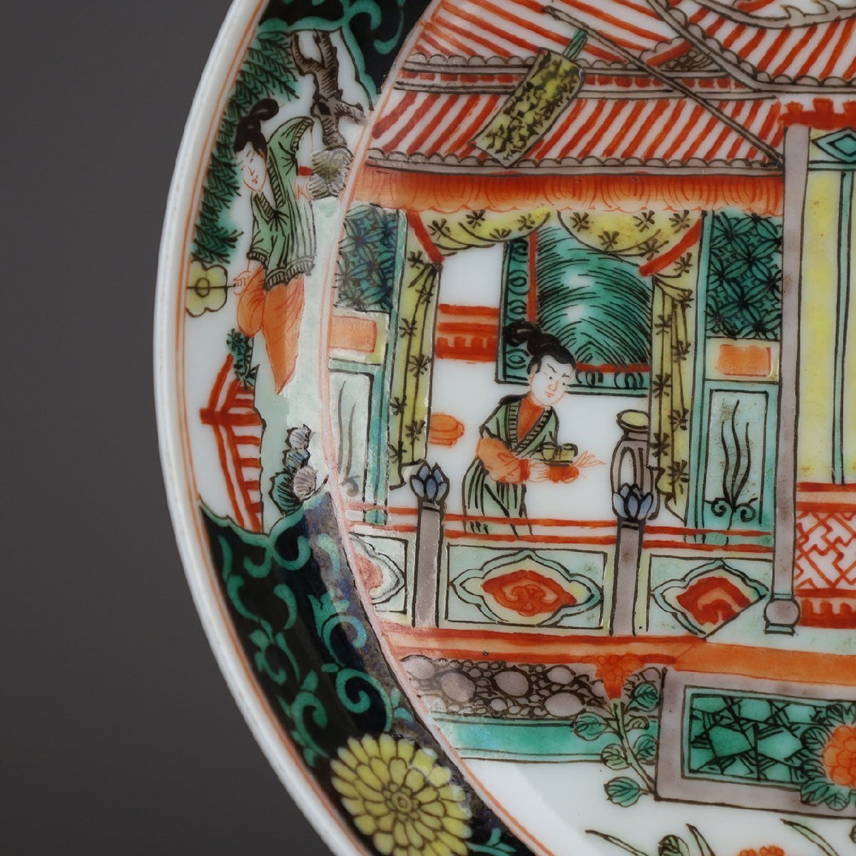 硯 清時代 五彩 書道 人物中国 古美術 骨董品 染付 アンティーク 安】清時代 大清康熙年製 五彩人物図盤 唐瓷 染付 古陶瓷 古美味