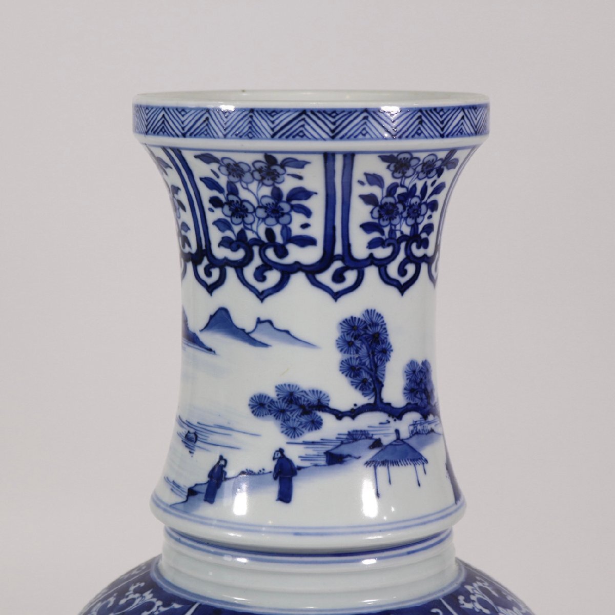 中国古美術 清時代染付け 人物山水梅瓶 W3-2 安】清時代 青花山水人物図瓶 唐瓷 染付 古陶瓷 古美味 中国古