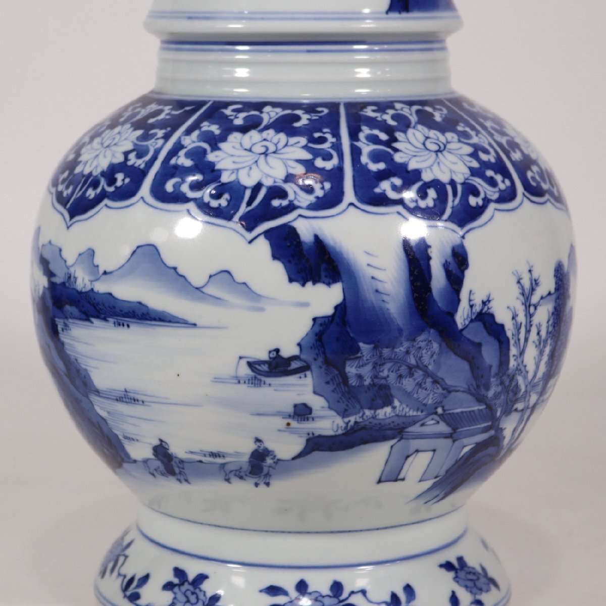 中国古美術 清時代染付け 人物山水梅瓶 W3-2 安】清時代 青花山水人物図瓶 唐瓷 染付 古陶瓷 古美味 中国古