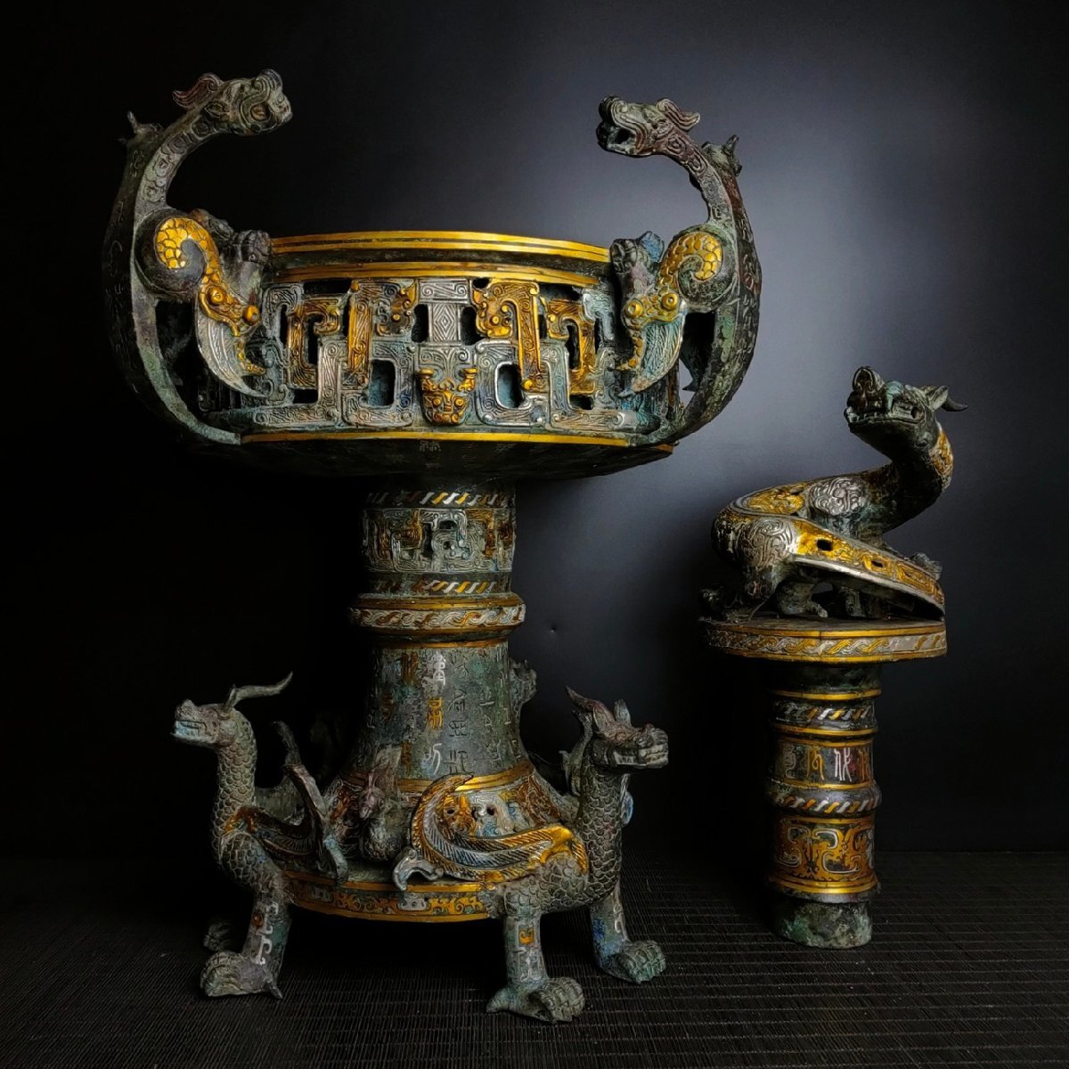 ♥とても古い 唐銅 水盤 黄銅 骨董品 中国 古玩 アンティーク 安】戦国時代 青銅器 錯金銀 龍盤 中国古美術 古置物 古擺件