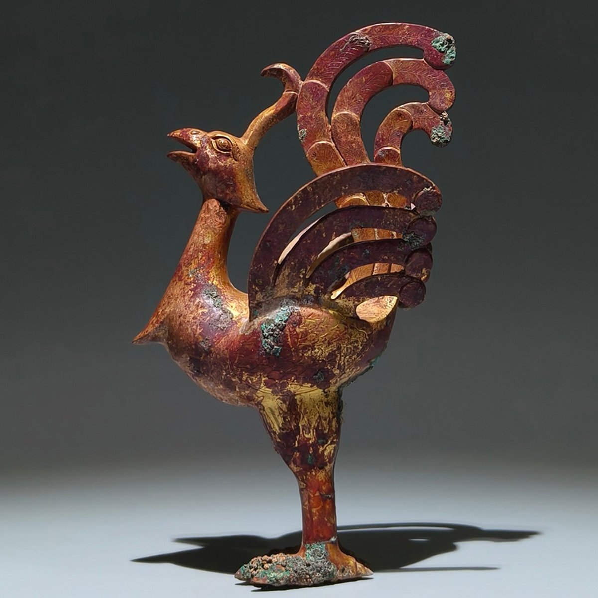 古董漢青銅器,古銅製 安】漢時代 青銅器 鍍金 鳳鳥置物 中国古美術 古擺件 古董品 古