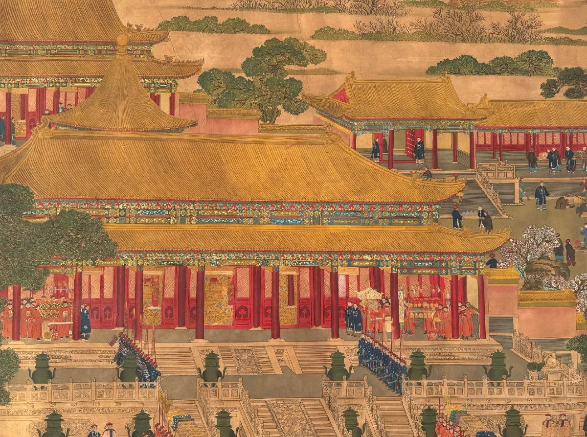 中国絵画 清国の国師絵家 名家 清時代 郎世寧(最作)百駿図 国画巻き絵 安】中国清時代画家「郎世寧書」絹本「万国来朝図」巨幅掛軸 共