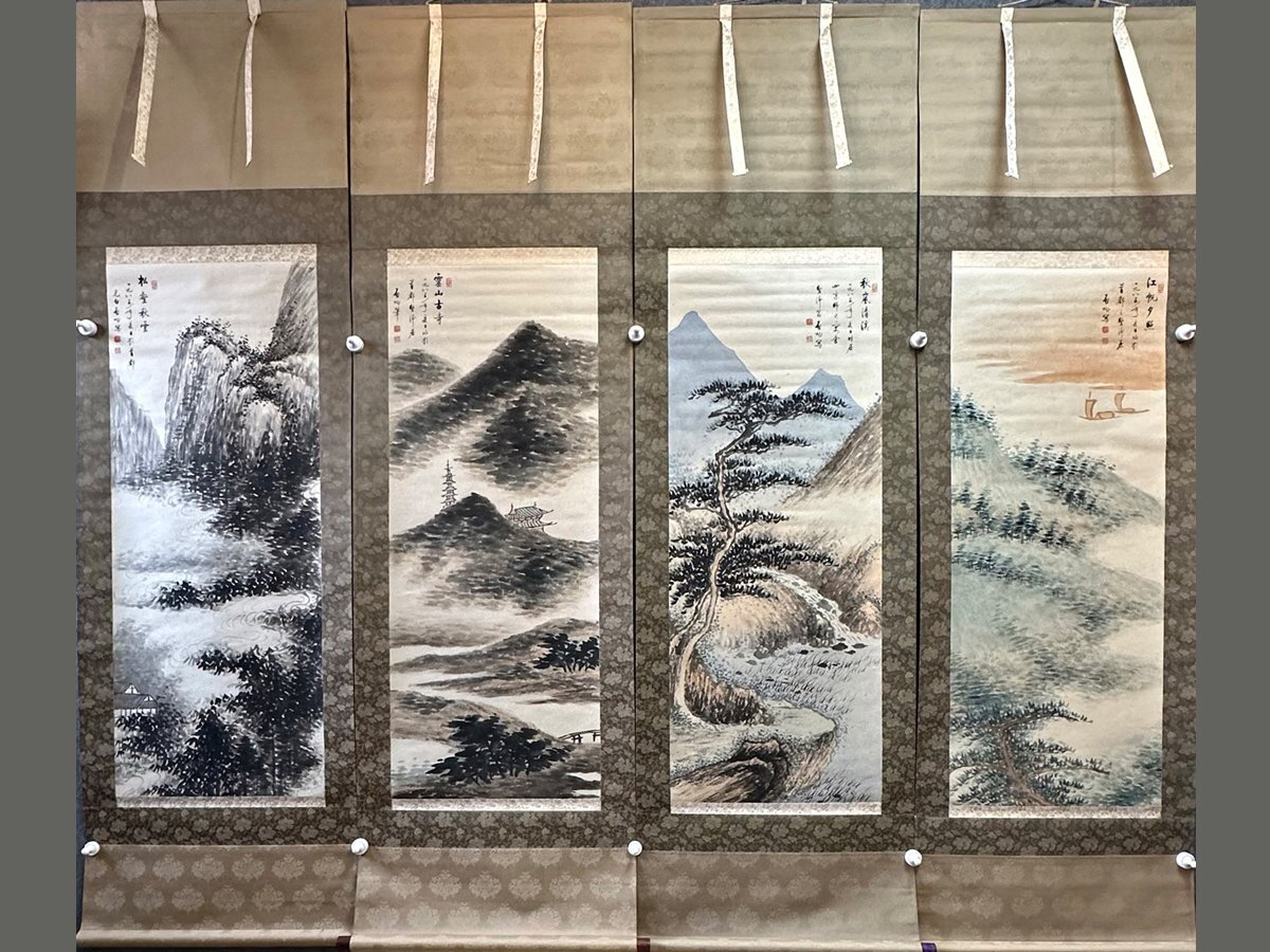 中国の書道家啓功先生の掛け軸 安】中国近時代画家「啓功書」紙本「山水図四条屏」掛軸 共箱