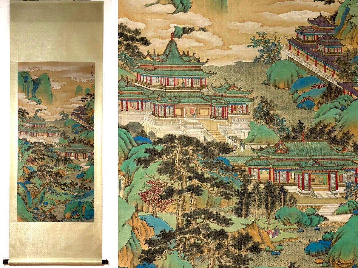 中国美術 バンブー 竹絲画簾 山水観音図 獅子 睡蓮 刺繍画 掛け軸 美術 芸術 安】中国近時代画家「張大千書」絹本「界画山水図」掛軸 中国画