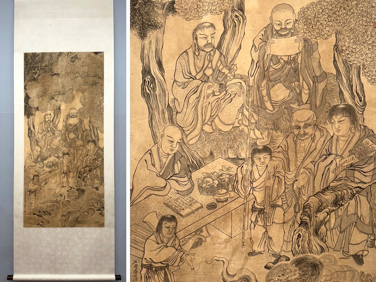 安】中国清時代画家「石濤書」紙本「羅漢図」掛軸 中国画 墨寶妙