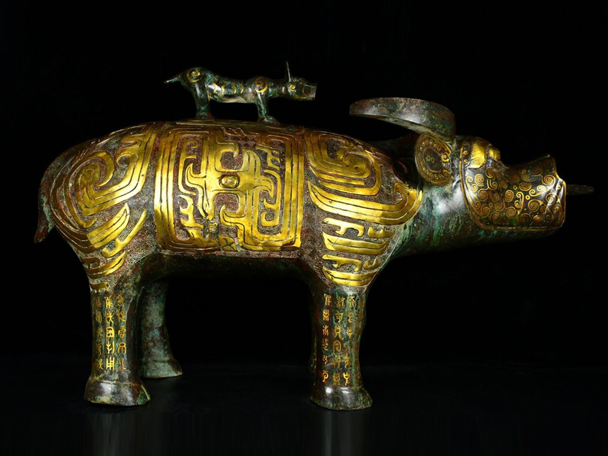 古董,古仫像.古銅製,時代物。 安】戦国時代 青銅器 錯金 牛尊 中国古美術 古置物 古擺件 古董