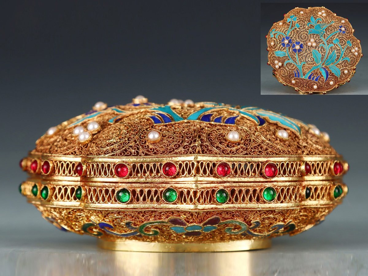 時代物 古銅製 詳細不明 お守り 極細工装飾品 工芸品 古美術骨董 金属製 安】清時代 乾隆御製 銅金 花絲工芸 点翠 嵌め宝石 花鳥紋粉合