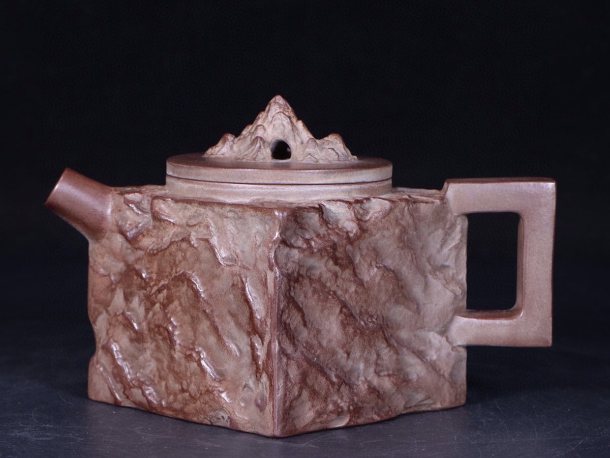 安】清時代 京生銘 太湖石紋四方茶壺 宜興紫砂 常滑 朱泥急須