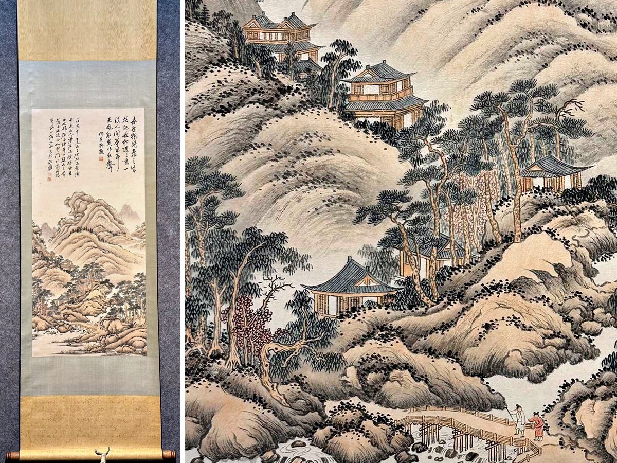 水墨画 掛軸 青山図 謝陽画 中国 絵画 山水 箱付 張大千大風堂 カラー 安】中国近時代画家「張大千書」紙本「山水図」掛軸 中国画 墨寶