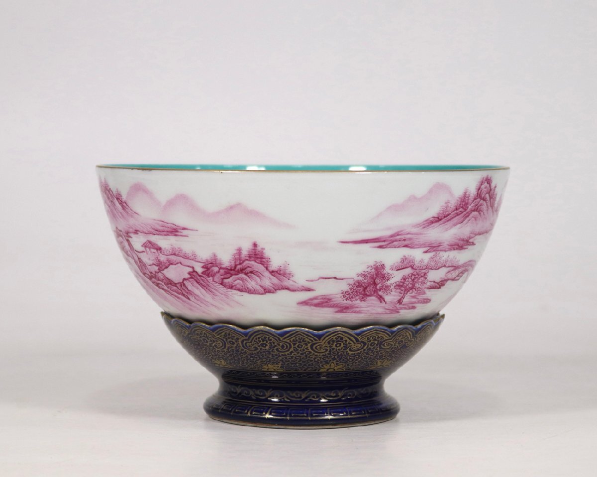 ♦中国古美術品 古陶磁 清時代 染付 山水図鉢 碗 古玩 レア物 骨董品 安】清時代 大清乾隆年製 臙脂紅山水図描金碗 唐瓷 染付 古陶瓷