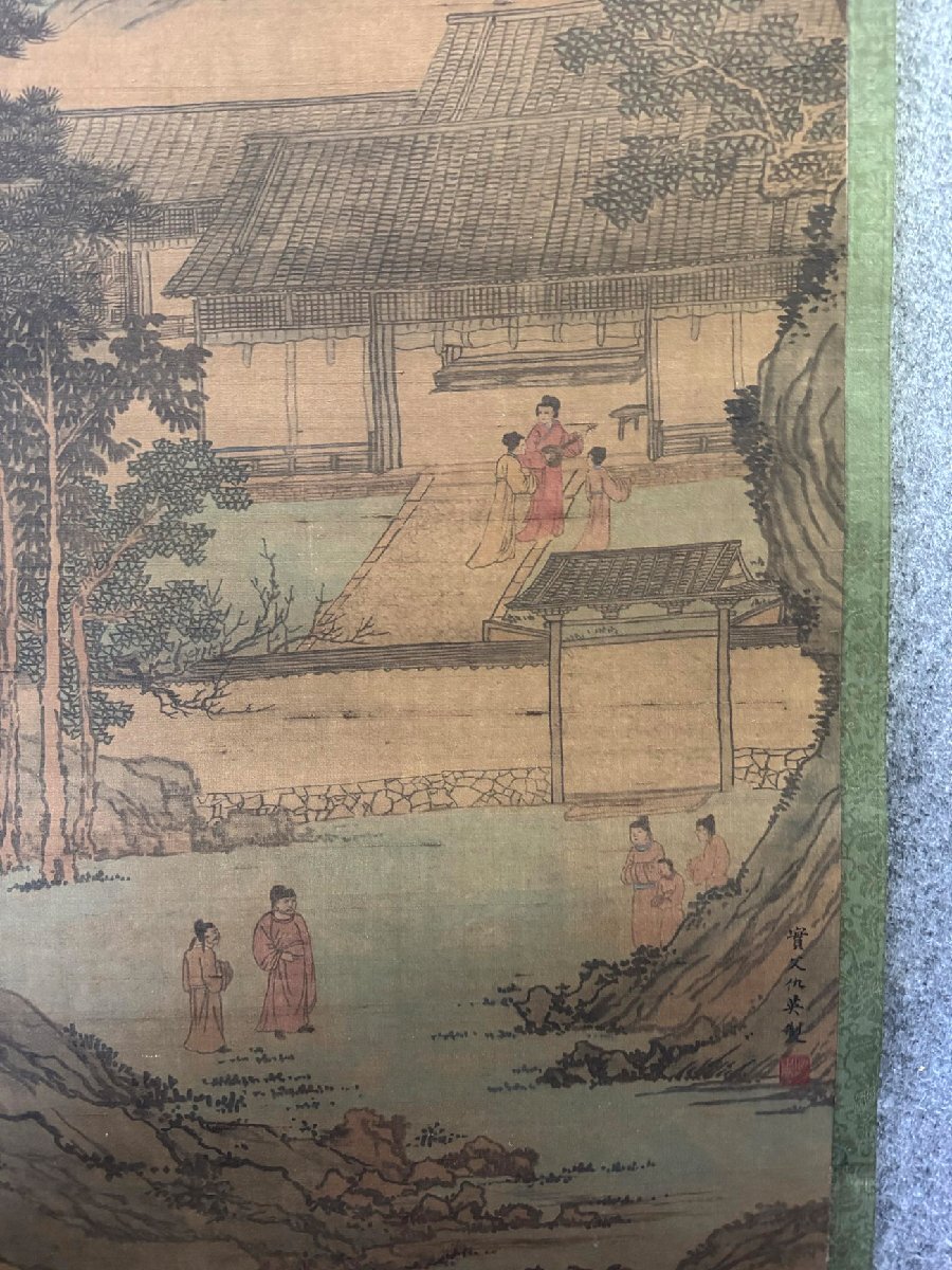 中国 工芸品 書画 掛軸 明・仇英「蓮溪漁隠圖」 故宮博物院監製 V 1608 安】中国明時代画家「仇英書」絹本「渓山高隠図」巨幅掛軸
