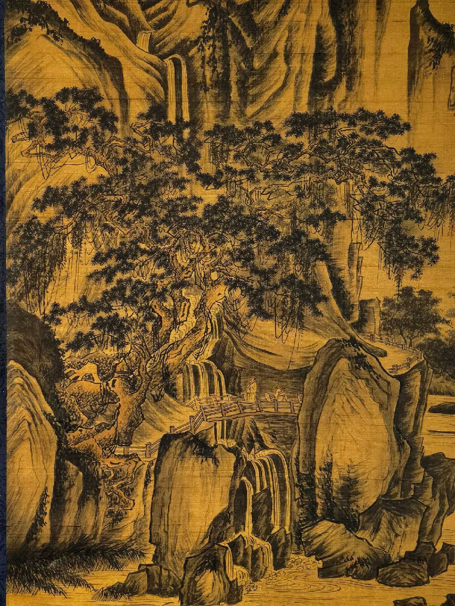 中国絵画 名家 唐寅 松崖別業図 水墨絵 山水絵 国画巻物 巻き絵 安】中国明時代画家「唐寅書」絹本「山路松聲図」掛軸 中国画