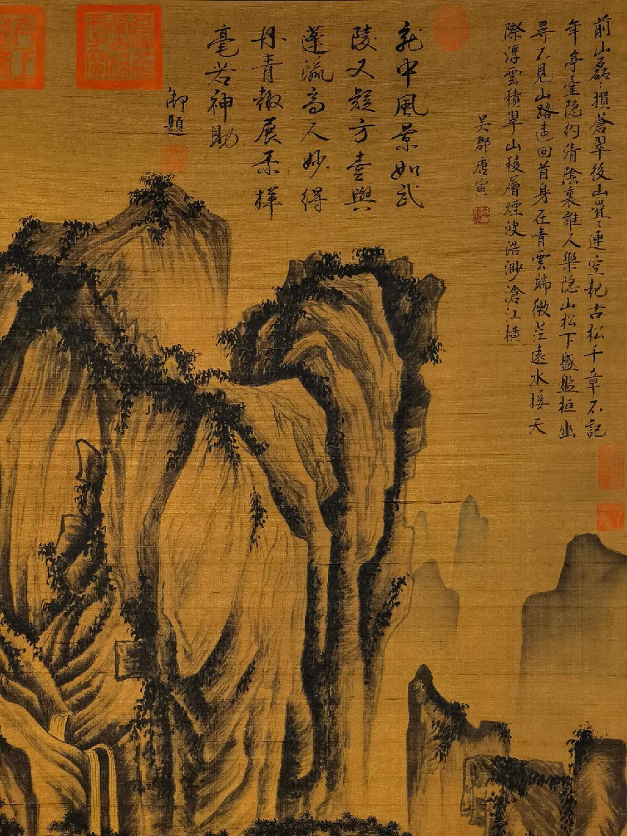 中国絵画 名家 唐寅 松崖別業図 水墨絵 山水絵 国画巻物 巻き絵 安】中国明時代画家「唐寅書」絹本「山路松聲図」掛軸 中国画