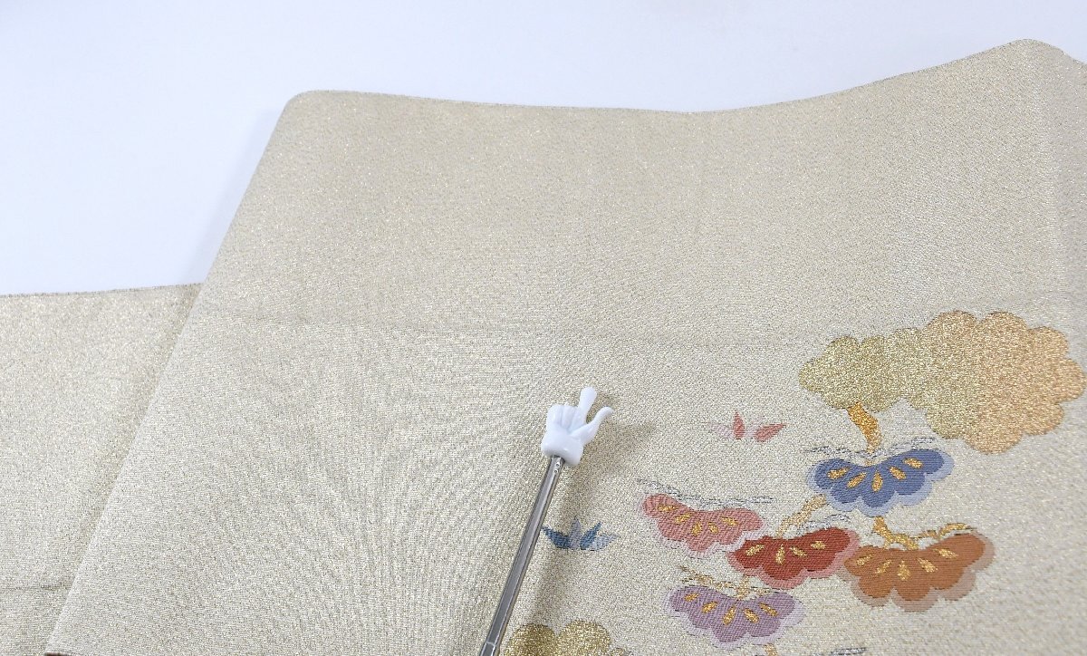 袋名古屋帯 綴れ織 金糸 銀糸 御所車 花 お太鼓柄 松葉仕立て 帯丈354cm ★着物屋 ne-15672 桜庭呉服店_画像9