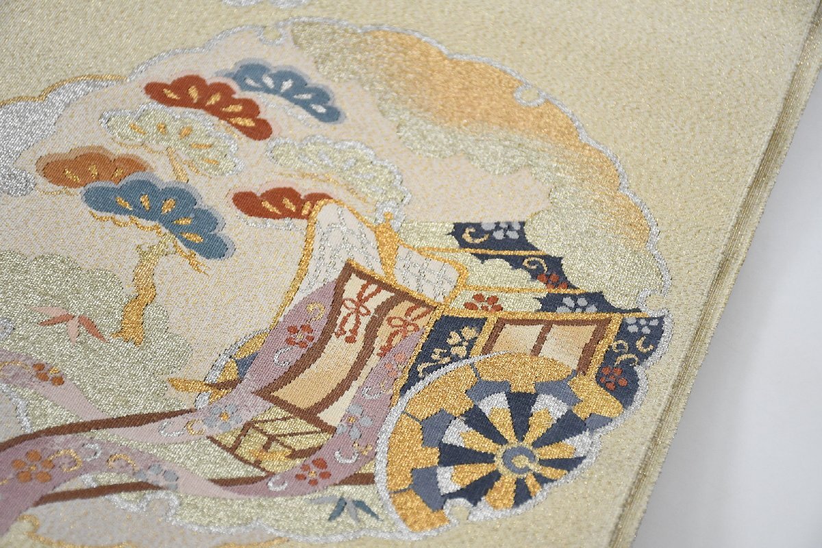 袋名古屋帯 綴れ織 金糸 銀糸 御所車 花 お太鼓柄 松葉仕立て 帯丈354cm ★着物屋 ne-15672 桜庭呉服店_画像4